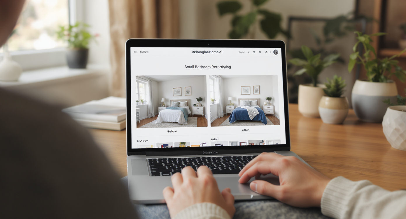 Homeowner using laptop with ReimagineHome.ai showing before and after bedroom photos in a sunny cozy room.