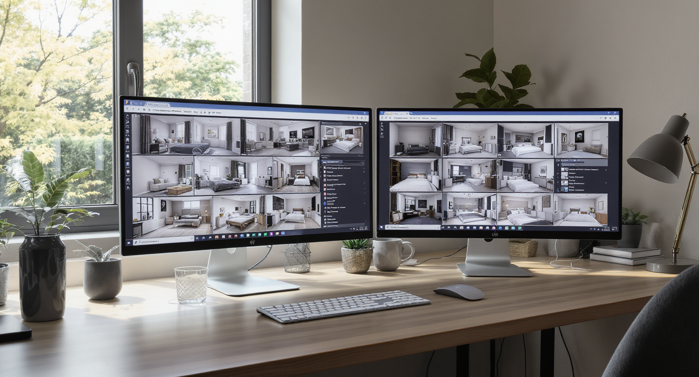 Modern home office with AI-generated bedroom layout variations displayed on dual monitors in natural daylight.