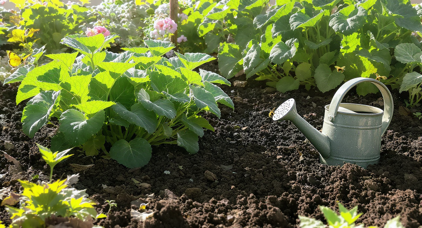 Close-up of a lush garden bed with healthy vegetables under morning sun and rich mulch, with bees near flowers.