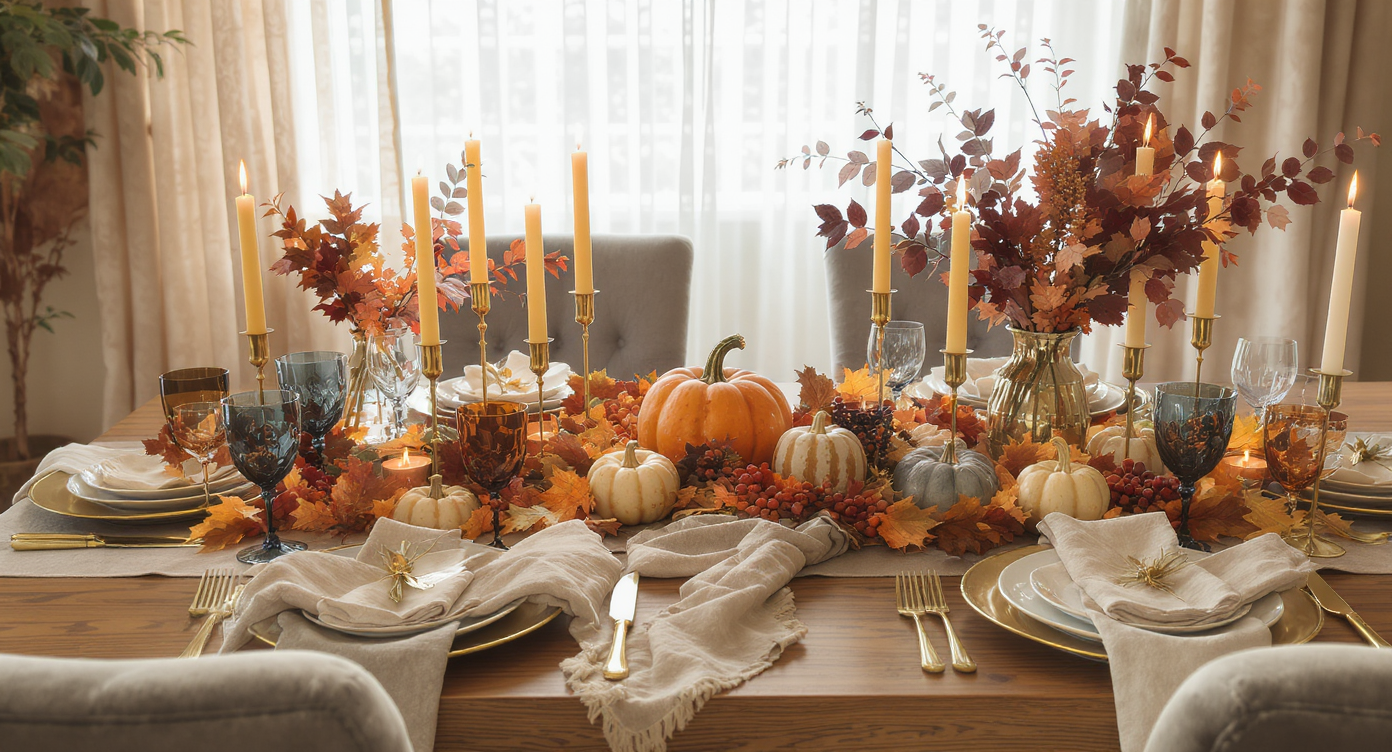 Elegant Thanksgiving table with layered linens, jewel-toned glassware, and organic centerpieces under warm candlelight