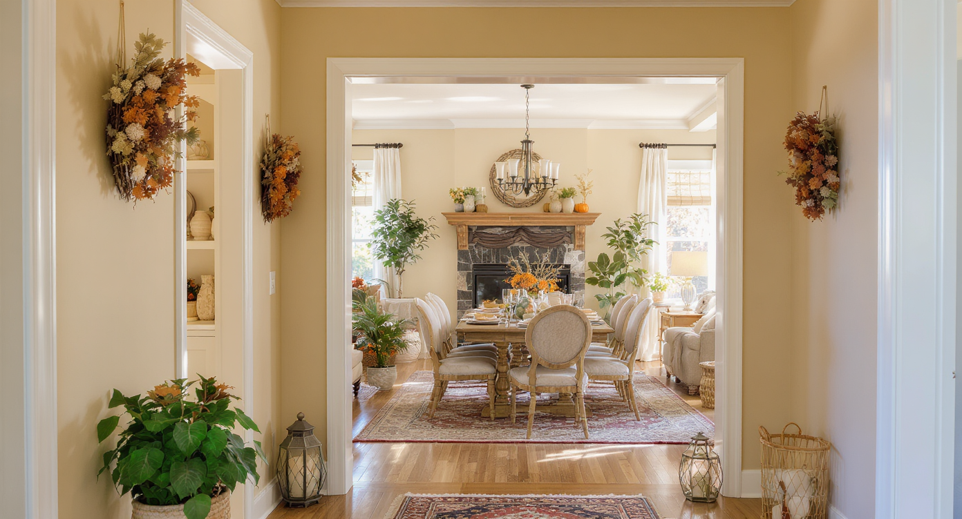 Hallway opening to living and dining area decorated with cohesive, warm Thanksgiving accents