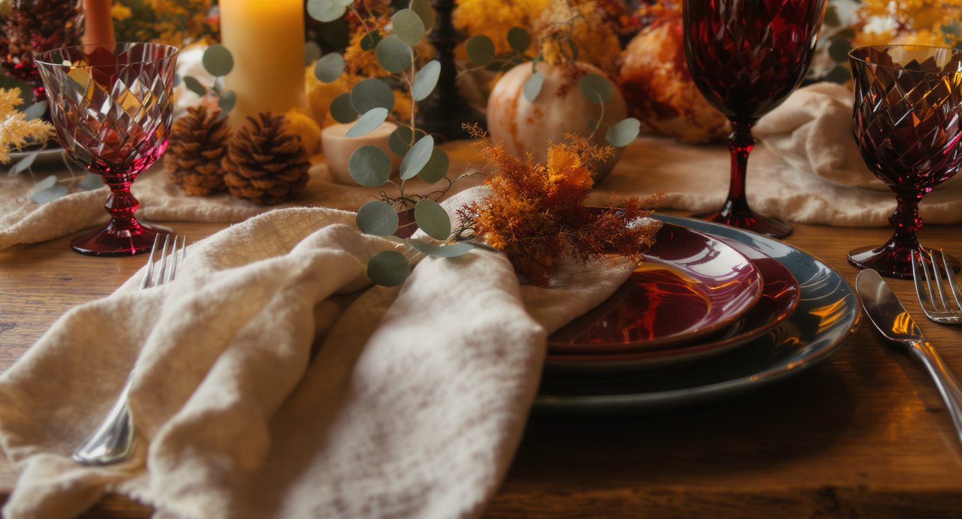Close-up of a Thanksgiving tablescape with layered linens, jewel-toned plates, and natural seasonal centerpieces