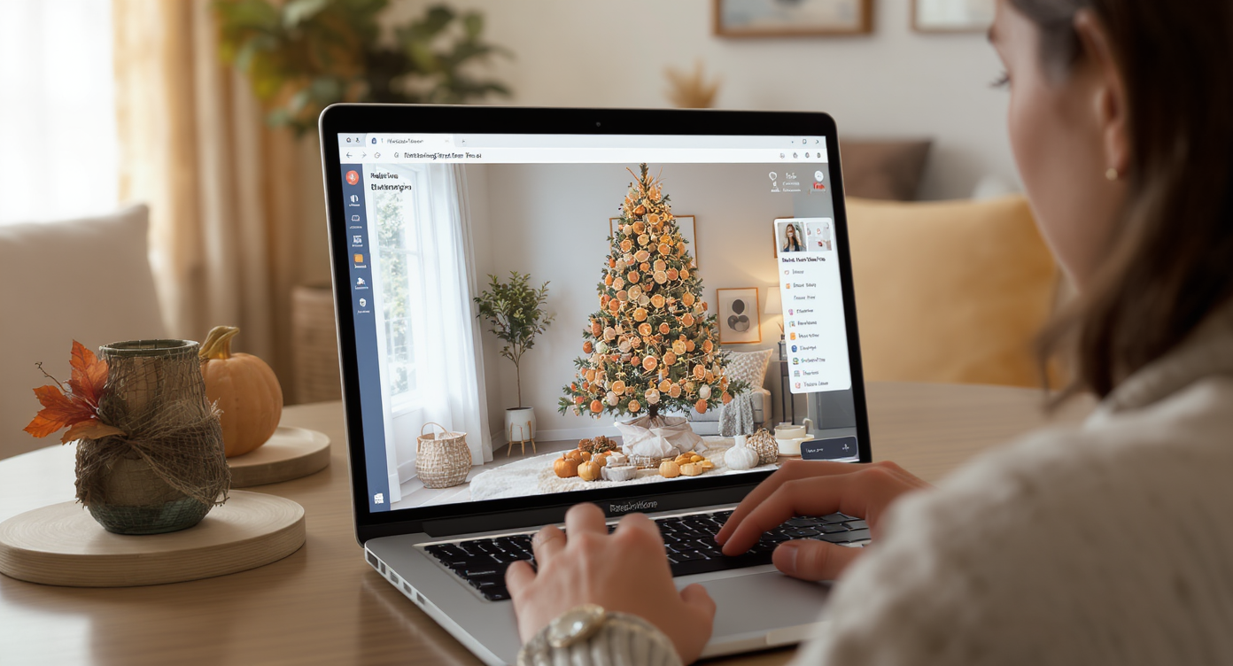 Designer working on laptop displaying a virtual Thanksgiving tree against photo of their living room, illustrating AI visualization.