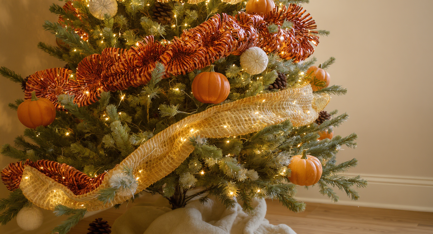 Thanksgiving tree decorated with abundant mini lights, copper garlands, dried citrus, pinecones, and pumpkin details in a warm-neutral room.