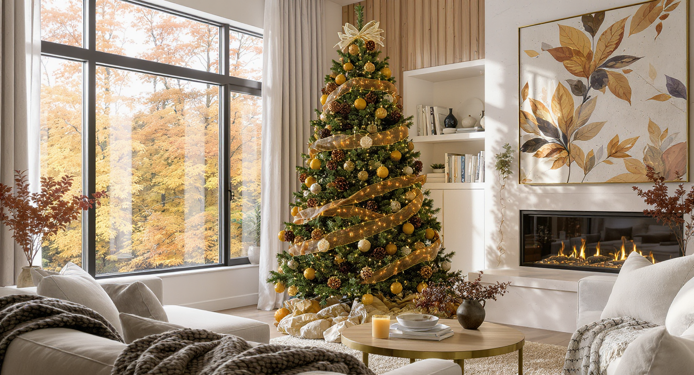 Living room with large windows and a Thanksgiving tree decorated with dried citrus, pinecones, and warm lights amid fall foliage outside.