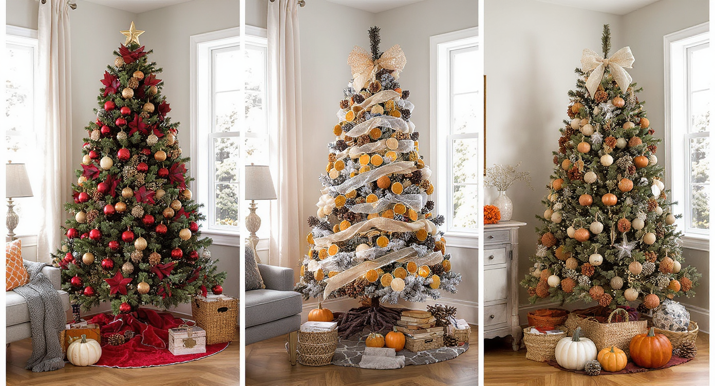 Three trees side-by-side in a modern room: classic Christmas, minimalist Thanksgiving, and rustic autumn styles.