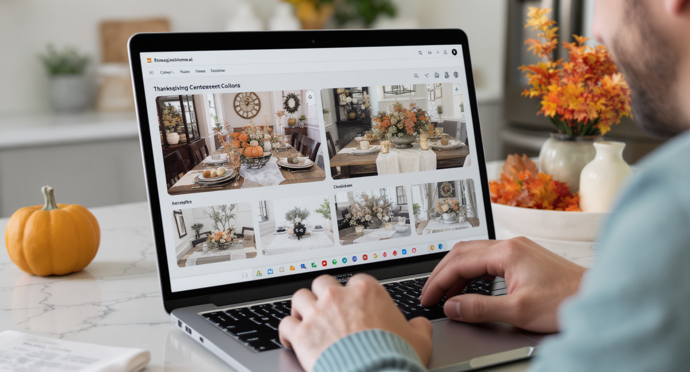 Person using a laptop displaying photorealistic Thanksgiving centerpiece designs with various interior styles in a modern kitchen environment.