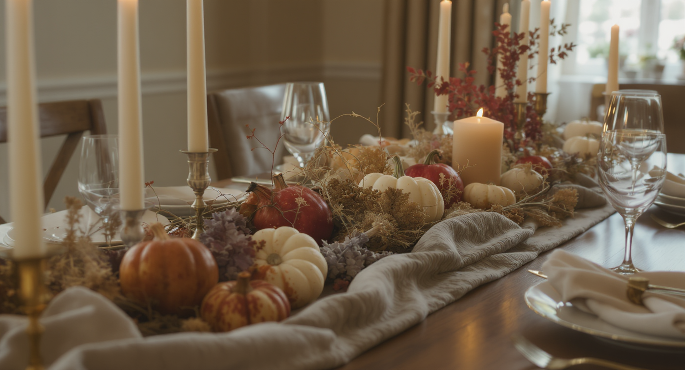 Close-up of a Thanksgiving centerpiece with small pumpkins, pomegranates, unscented white candles, natural fiber textiles, and layered textures in warm neutral and moody colors.