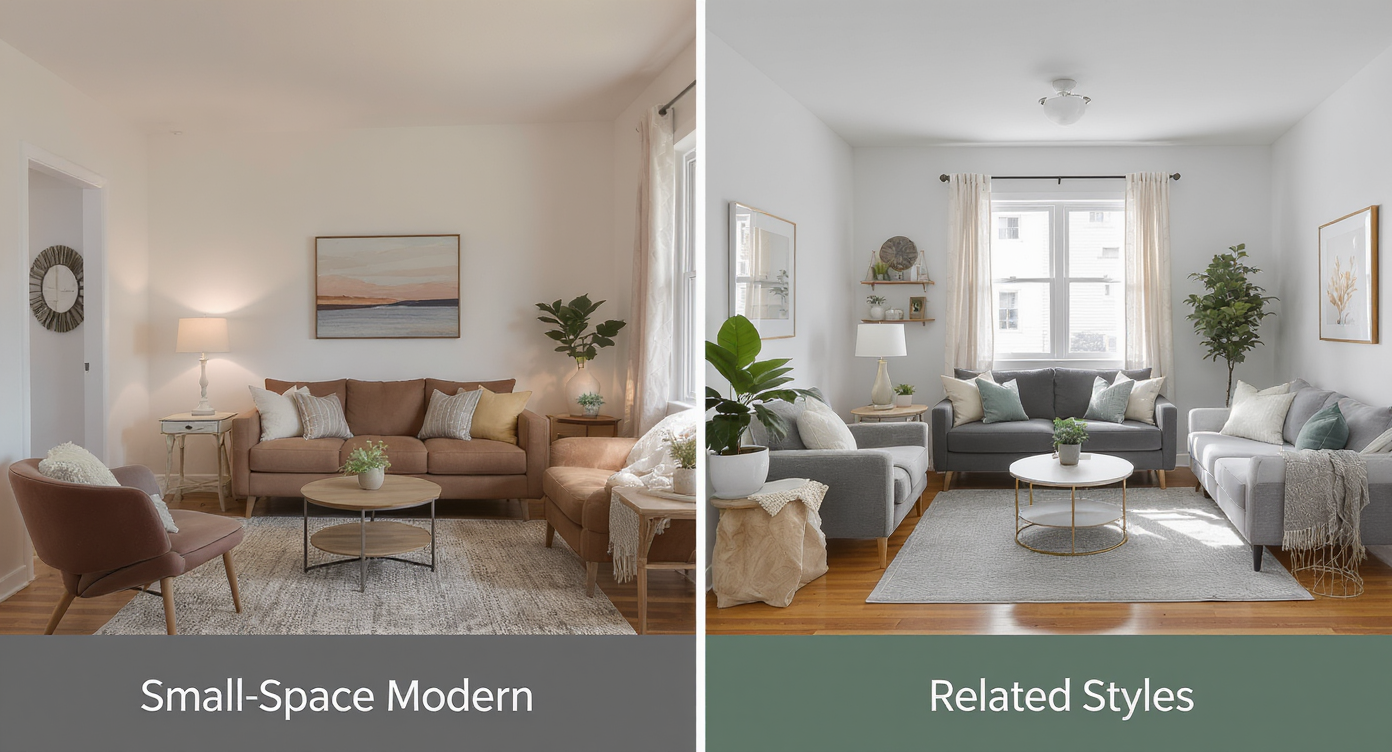 Split view of two small living rooms comparing flow-first Small-Space Modern versus blended contemporary styles with diverse palettes and layouts.