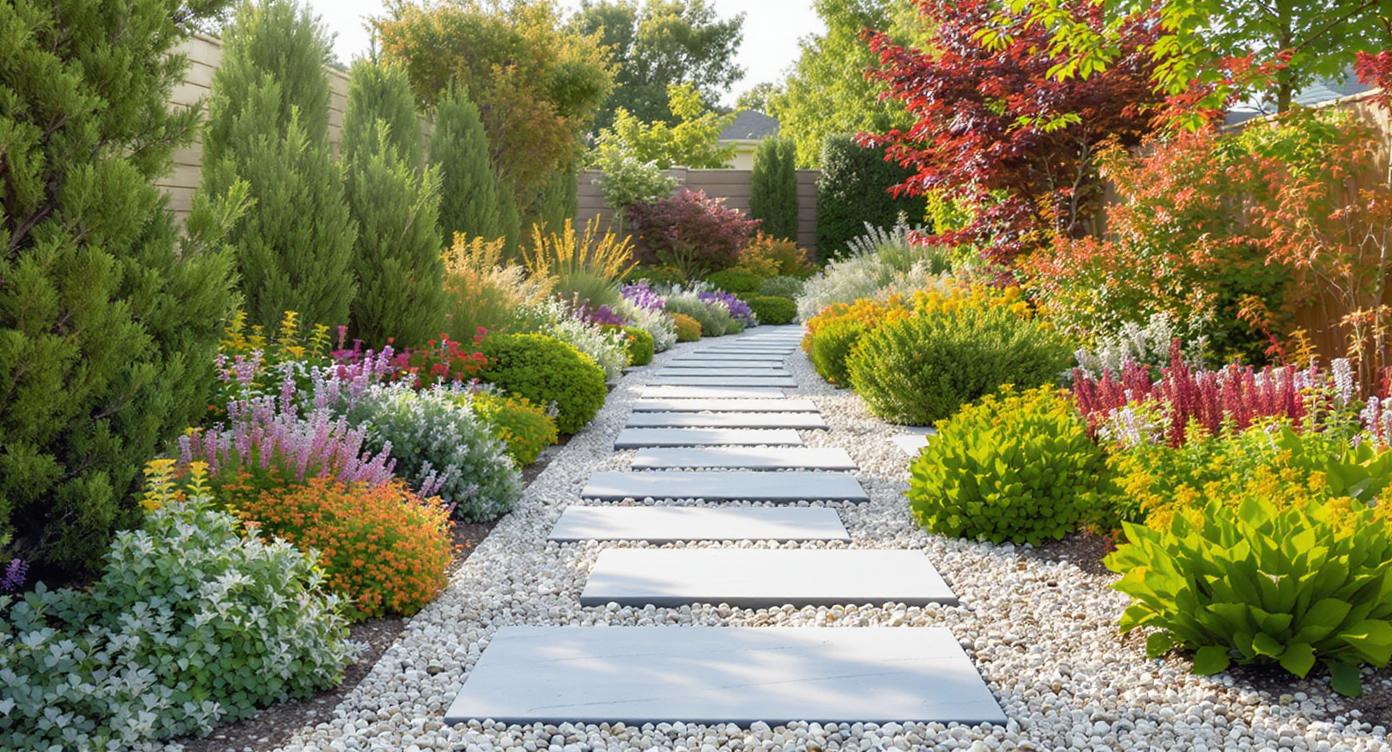Wide flagstone garden path bordered by layered evergreen shrubs and perennials with gentle grading for drainage in soft daylight.