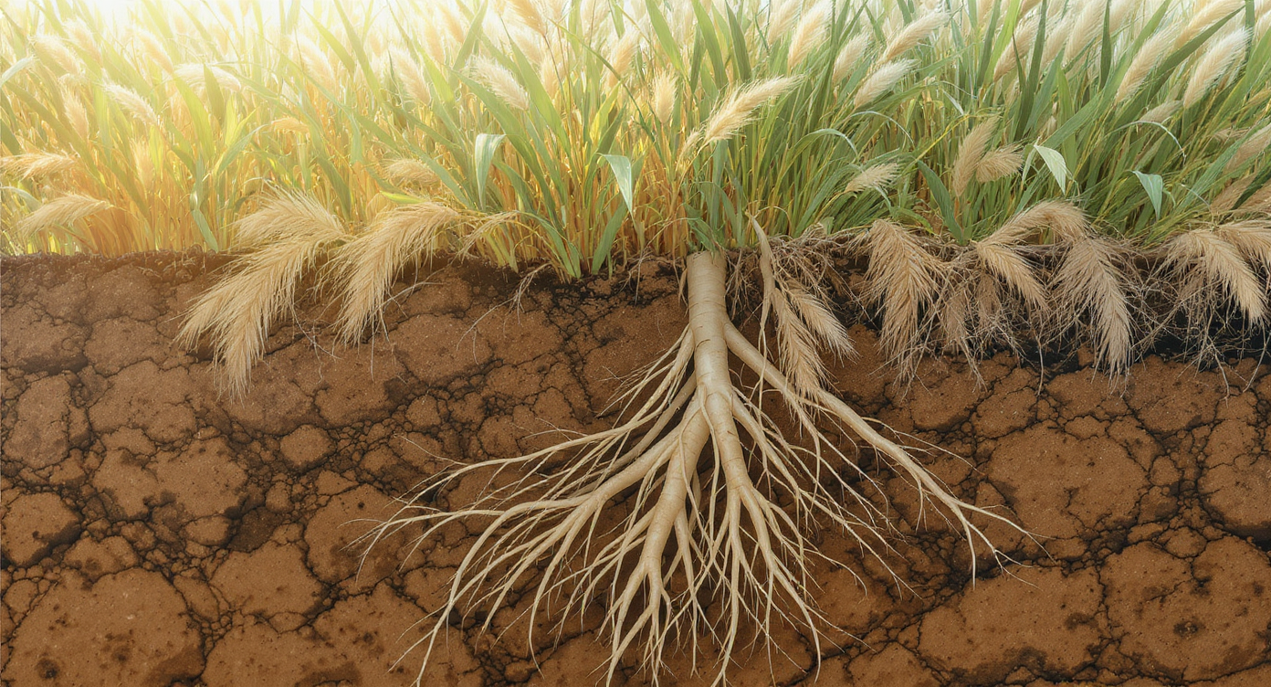Close-up of pampas grass plumes and stems with a detailed root network overlay illustrating deep growth beneath soil.