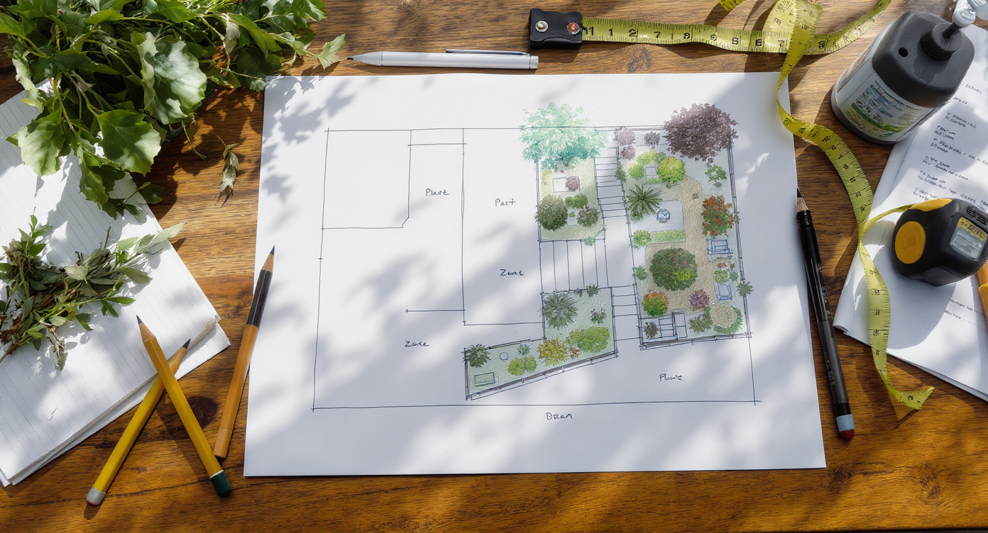 Hand-drawn garden plan on wooden table with colored pencils, plant samples, and tape measure in natural light.