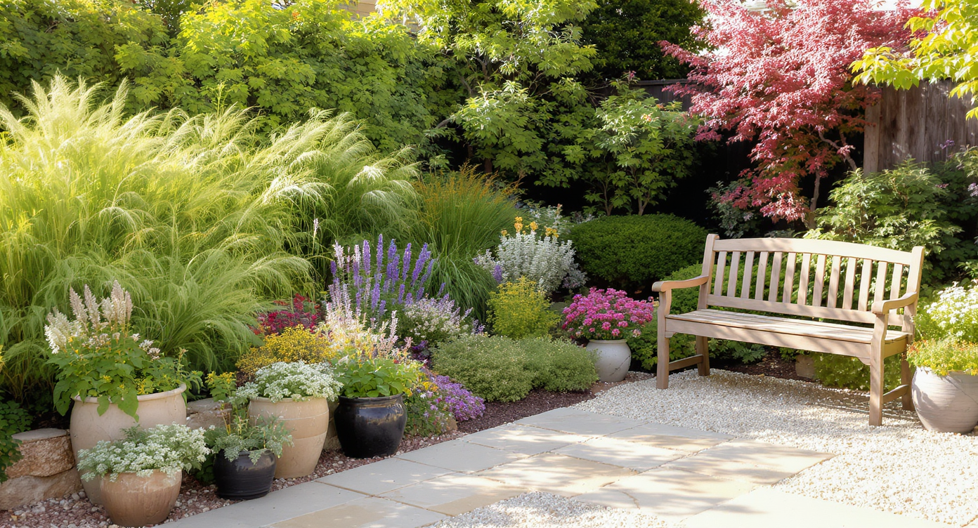 Backyard corner with layered native plants, flowering perennials, herb containers, gravel path, and wooden bench in warm light.