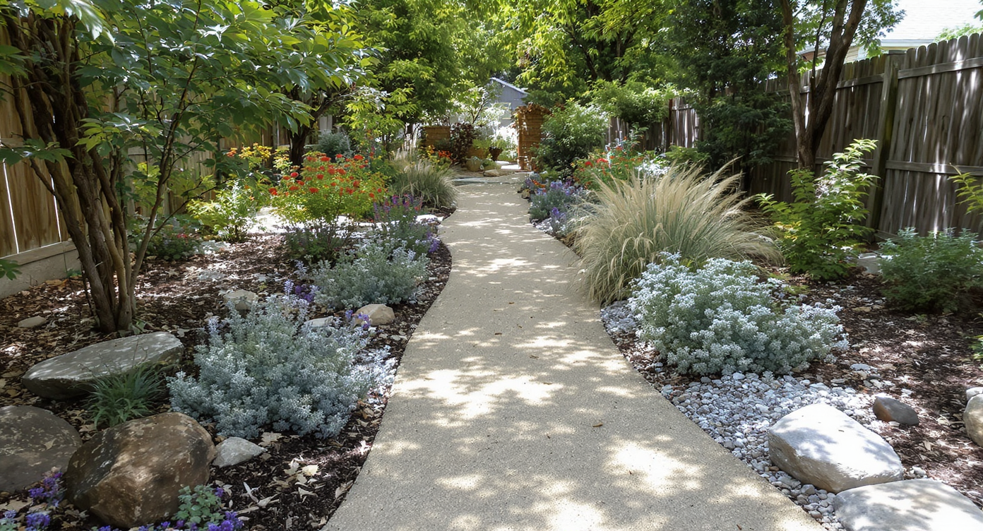 Natural curved garden path 30 inches wide surrounded by native shrubs and flowering plants with dappled sunlight.
