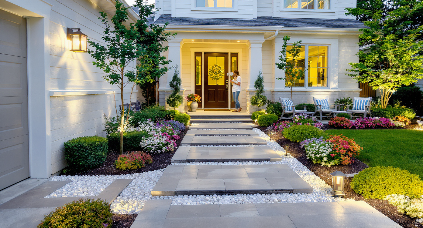 Garden path 42 inches wide with smooth stone pavers, layered planting, lighting, and clear drive-walk-patio separation at home entry.