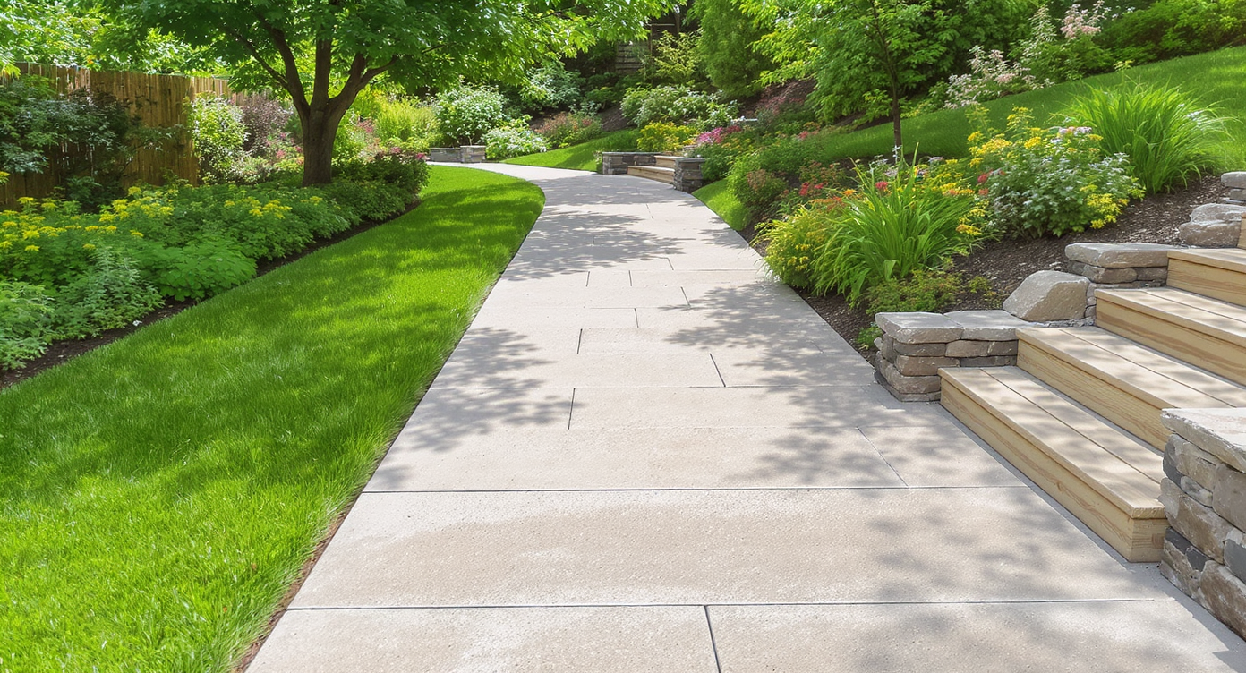 Wide, well-lit garden path about 42 inches wide with timber stairs and stone edging surrounded by vibrant greenery.