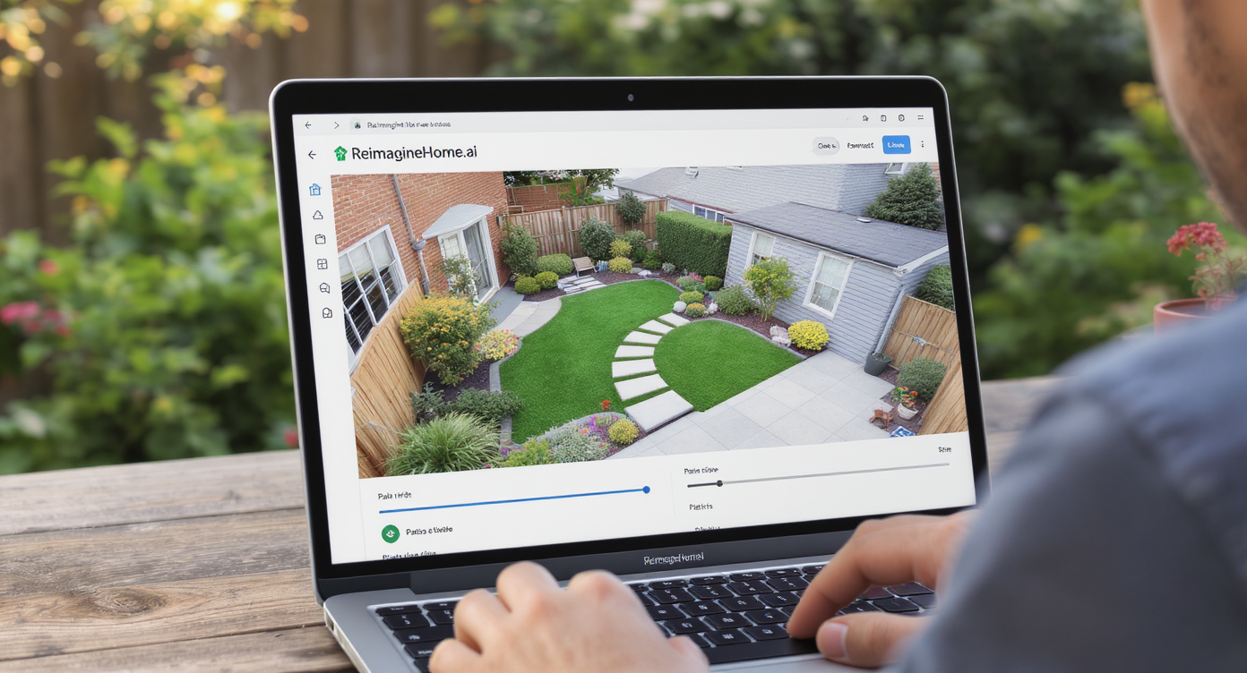 Homeowner outdoors using ReimagineHome.ai on laptop to adjust realistic 3D yard model with paths and patios under natural morning light.