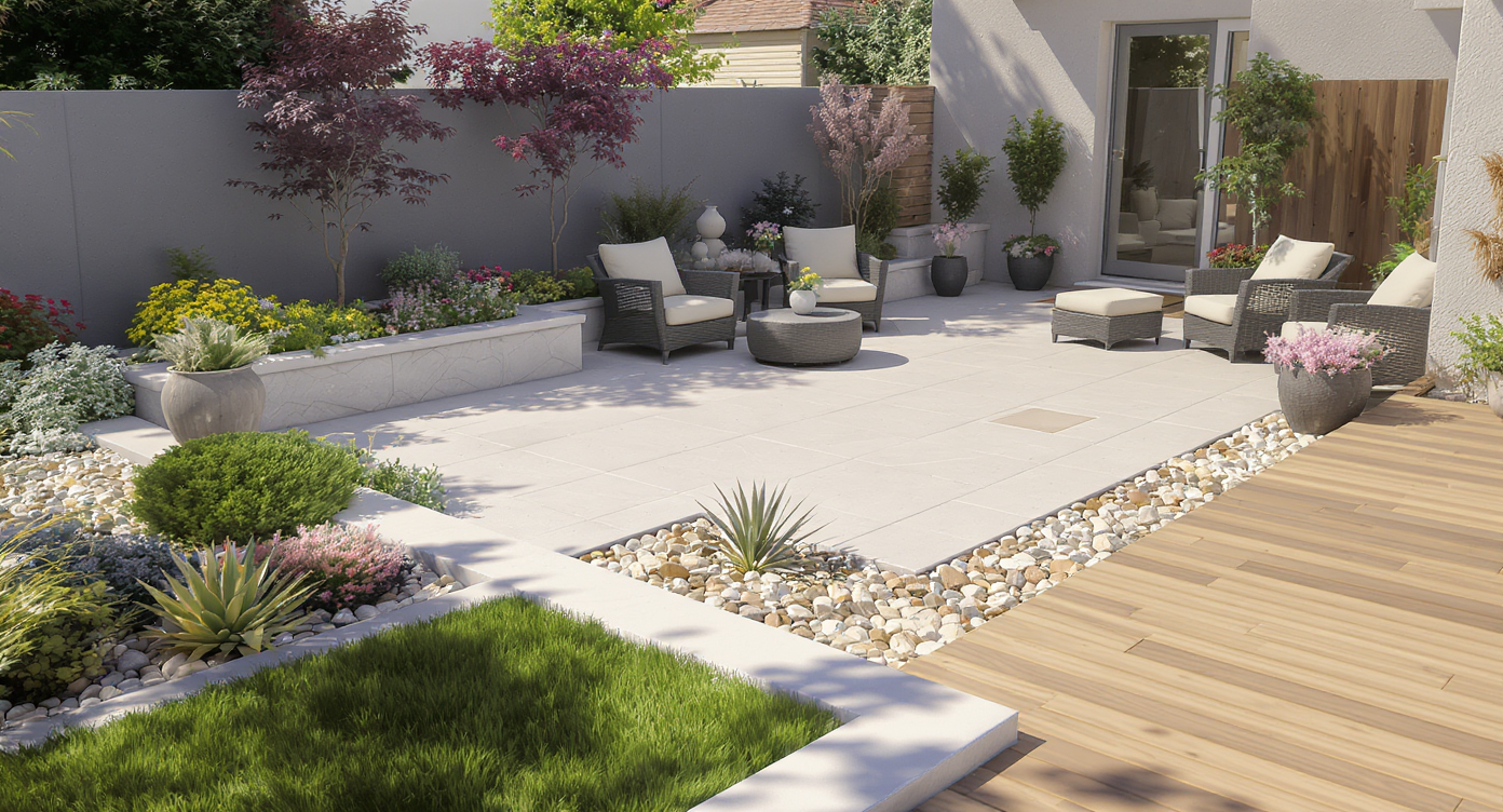 Photo-realistic backyard patio rendered with 2% slope, varied materials and distinct zones for arrival, seating, and planting under midday lighting.
