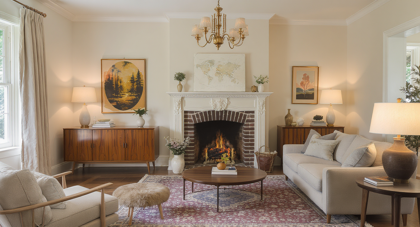 Cozy living room with refinished wood floors, wood-burning fireplace, midcentury sideboard, and natural daylight.