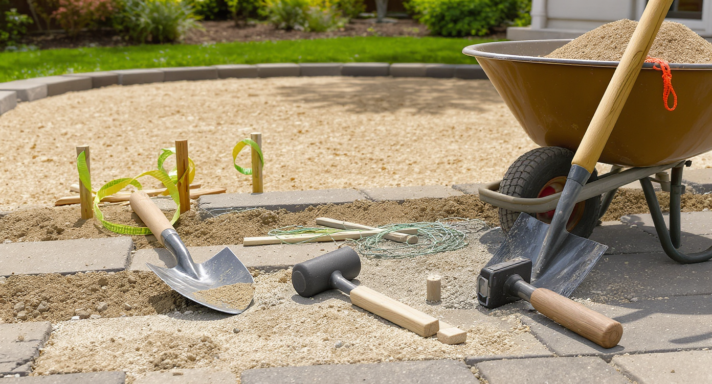 Close-up of shovel, tamper, stakes, and string lines near layered base and partially completed paver patio under natural daylight.