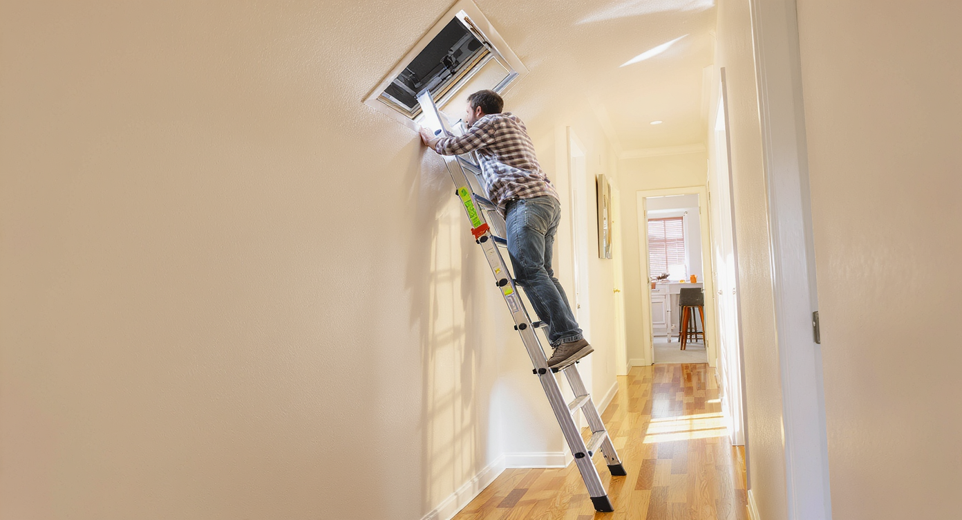Homeowner climbing an aluminum ladder set at a recommended 75-degree angle in a bright hallway with wide clearance around the ladder.