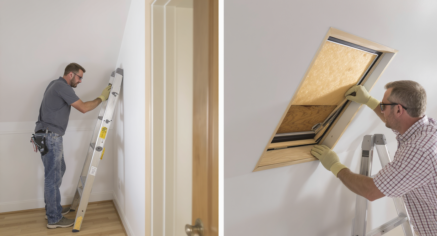 Homeowner wearing gloves lifting an attic hatch panel after scoring paint, revealing weatherstripping and insulation inside.