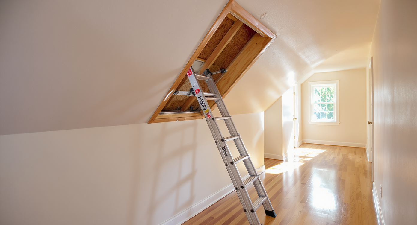 Open attic hatch above a clear, wide hallway with a ladder set at a stable angle, showing attic joists and insulation.