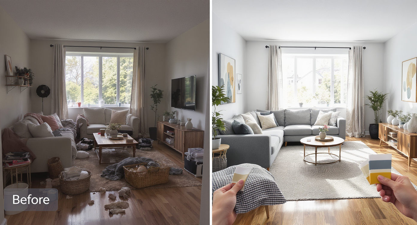 Living room before and after with cluttered layout changed to clear paths, wall-mounted TV, new rug and curtains, showing DIY upgrades with paint samples.