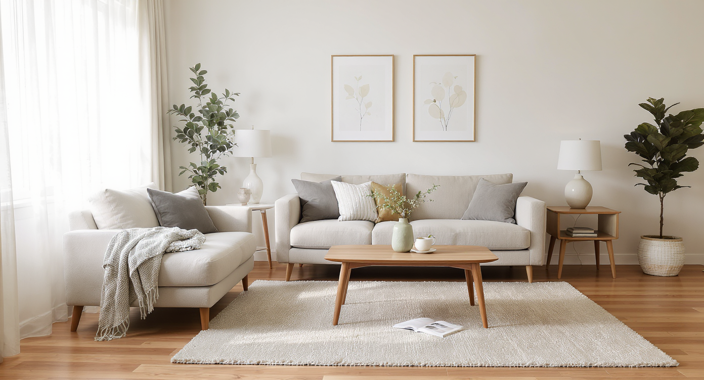 Spacious living room with well-spaced sofa and coffee table 16 inches apart, clear walkways and warm natural lighting.