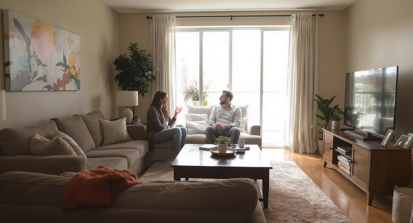 Living room showing cramped furniture arrangement, TV blocking bright window, small walkways and a bulky coffee table with frustrated couple.