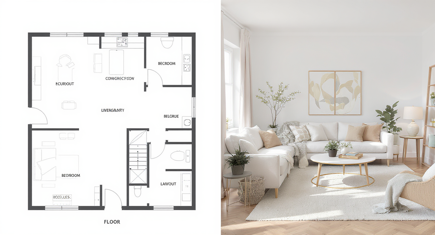 Overhead and 3D views illustrating digital removal of items and application of neutral virtual staging furniture.