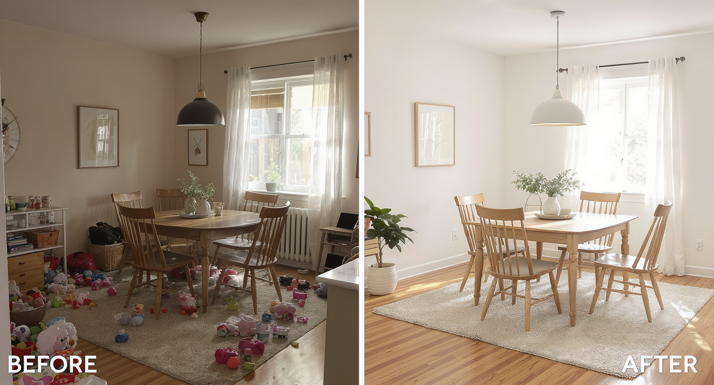 Before-and-after image of a dining room transforming from cluttered to MLS-ready, neat, and stylishly staged.