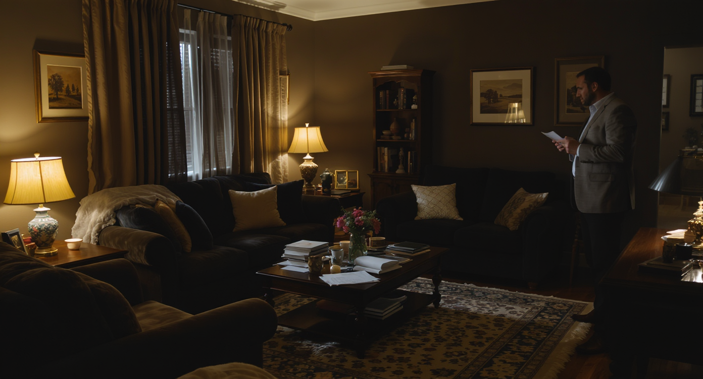 Cluttered dark living room with mismatched furniture and poor lighting depicting common staging mistakes to avoid.