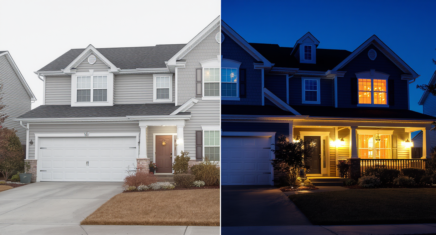 Side-by-side photo of a house exterior: bright daytime on left, digitally edited warm twilight scene on right.