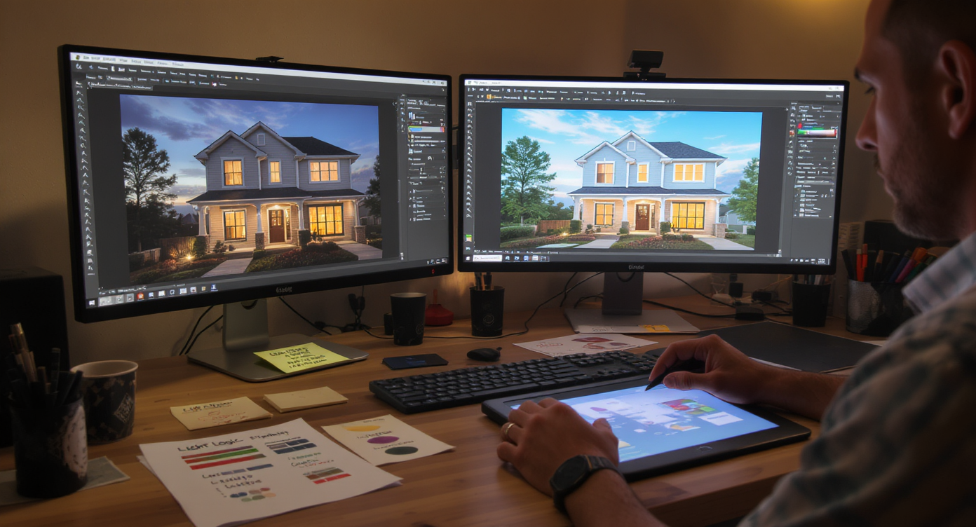 Photo editing setup displaying poor and improved virtual twilight home photos with color balance notes visible.
