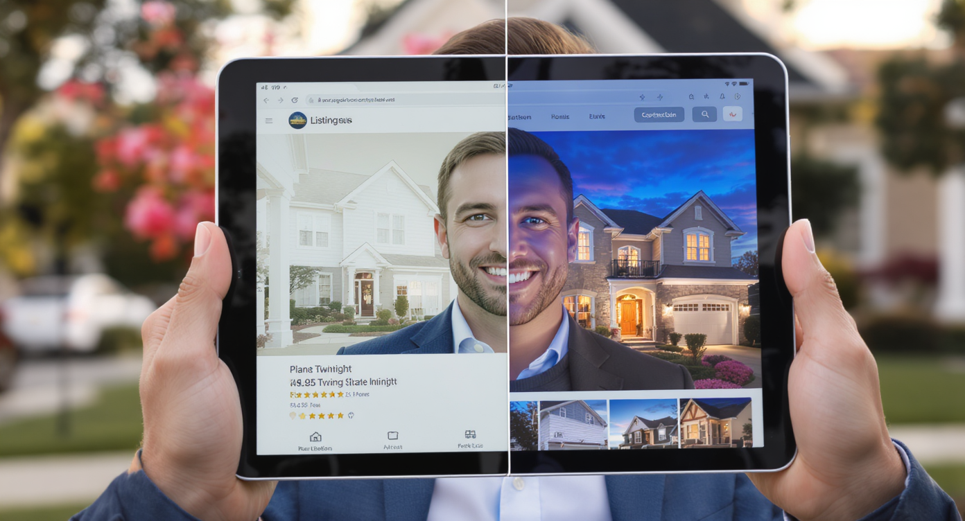 Real estate agent outside holding tablet showing side-by-side daytime and twilight listing photos of a home.