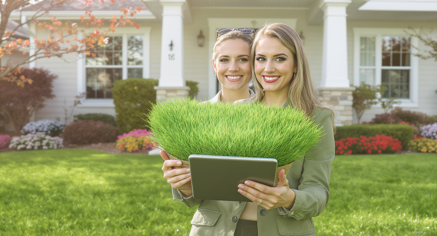 Real estate agent showcasing a home with a lush, green front lawn and tidy flower beds on a sunny day.