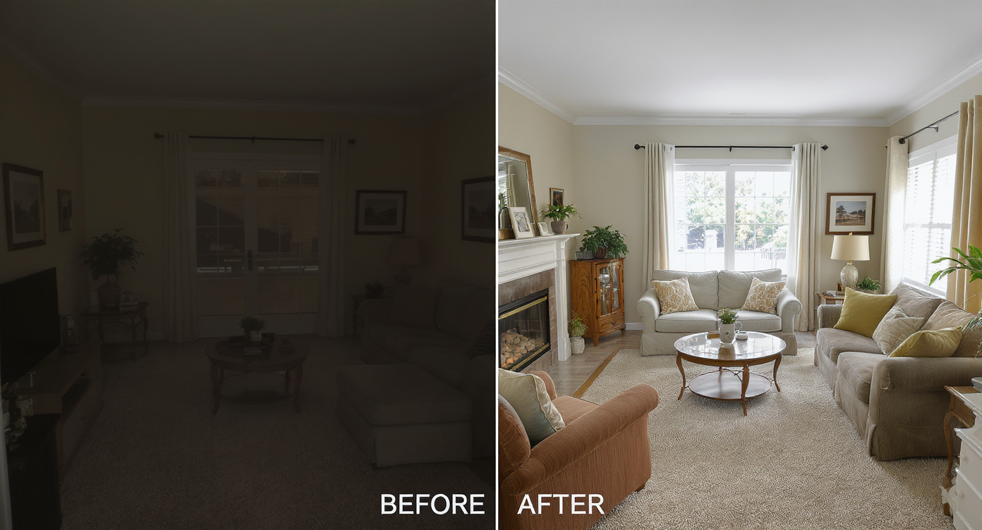 Split image of living room before and after photo enhancement showing corrected lines, improved lighting, and natural colors.