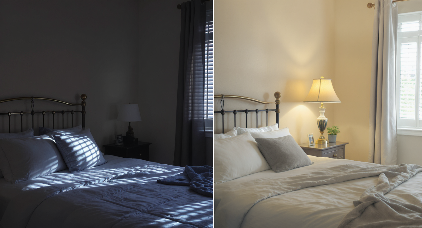 Comparison of bedroom photos showing common editing mistakes versus natural, balanced enhancements.