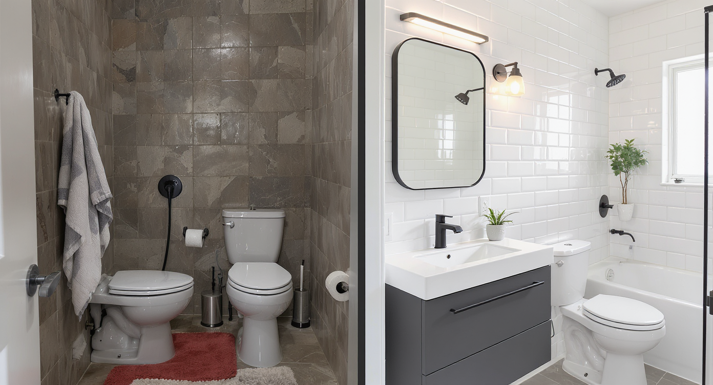 Split bathroom image with old brown tile and outdated fixtures contrasted against a digitally remodeled bathroom with modern tiles and fixtures.