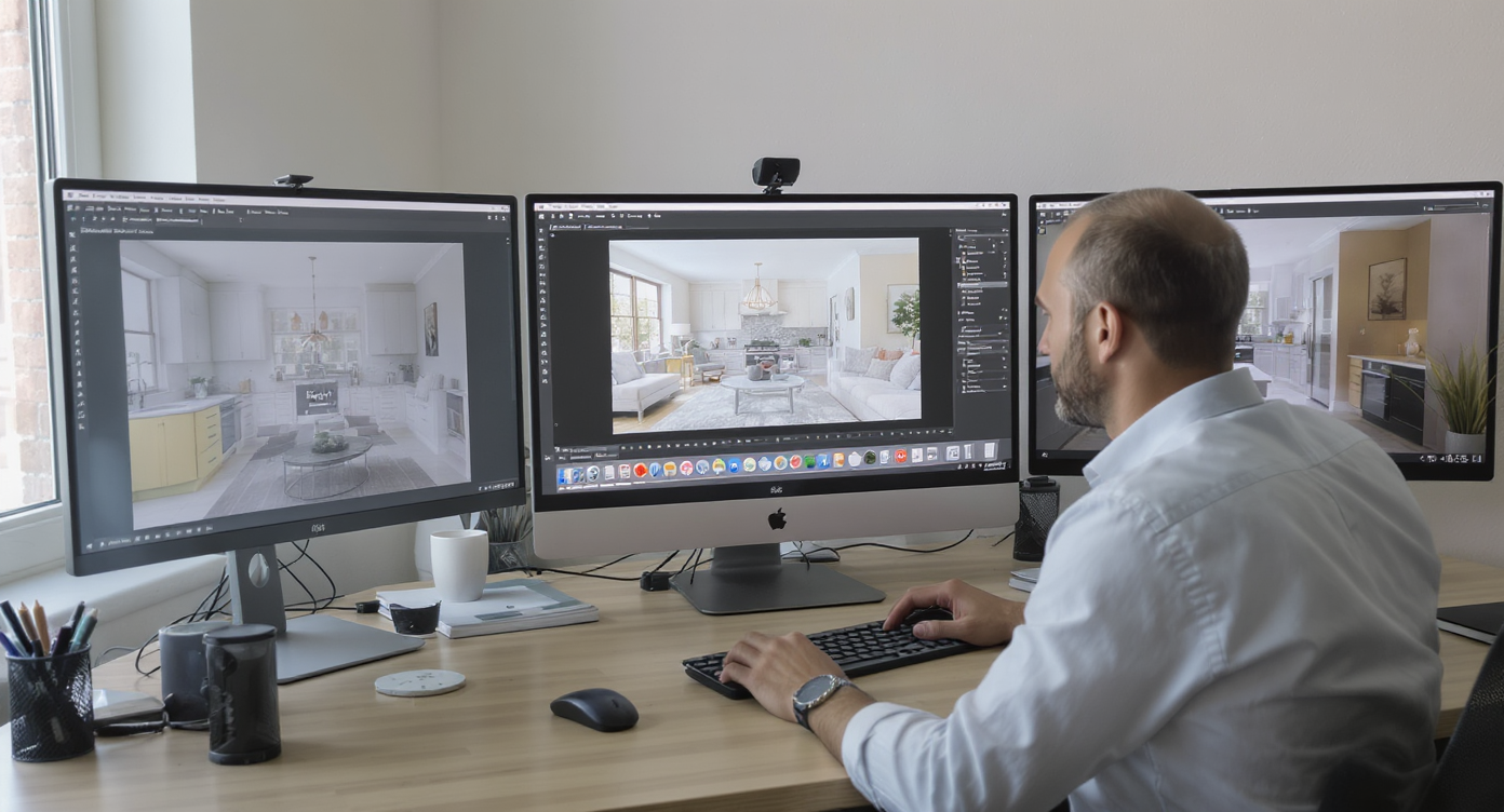 Realtor editing virtual renovation photos with labeled before and after images on multiple monitors in an office.