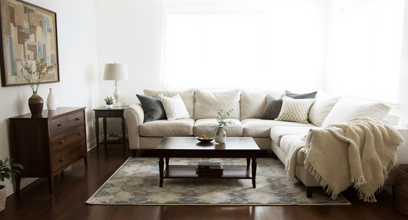 Living room image with poorly edited virtual object removal showing unnatural textures and distorted furniture edges.