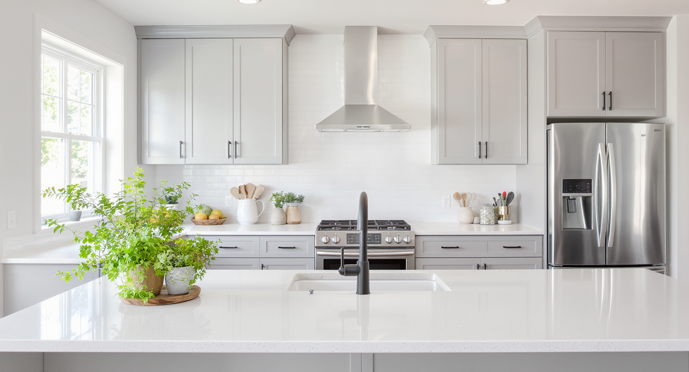 Minimalistic kitchen with gray cabinets and hardwood floor after digital decluttering removes visual distractions.