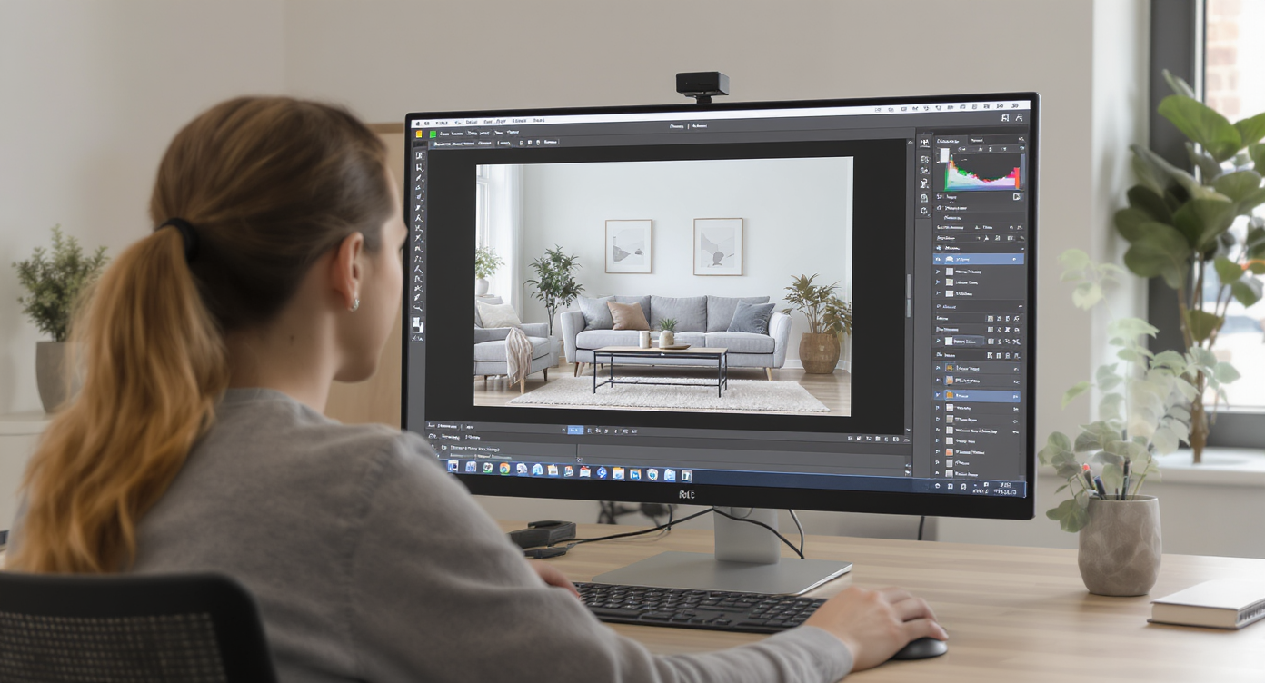 Designer at modern workstation editing living room photo with clean, realistic virtual object removal tools.