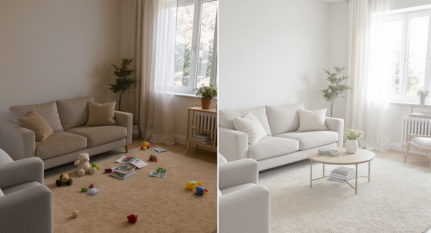 Living room before and after virtual object removal showing cluttered vs. clean, serene space with natural light.
