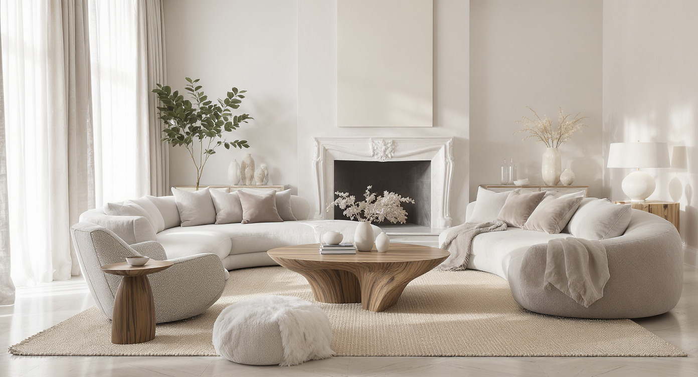 Living room with sculptural wooden furniture, linen sofa, natural light, and tactile neutral textures in creams and grays.