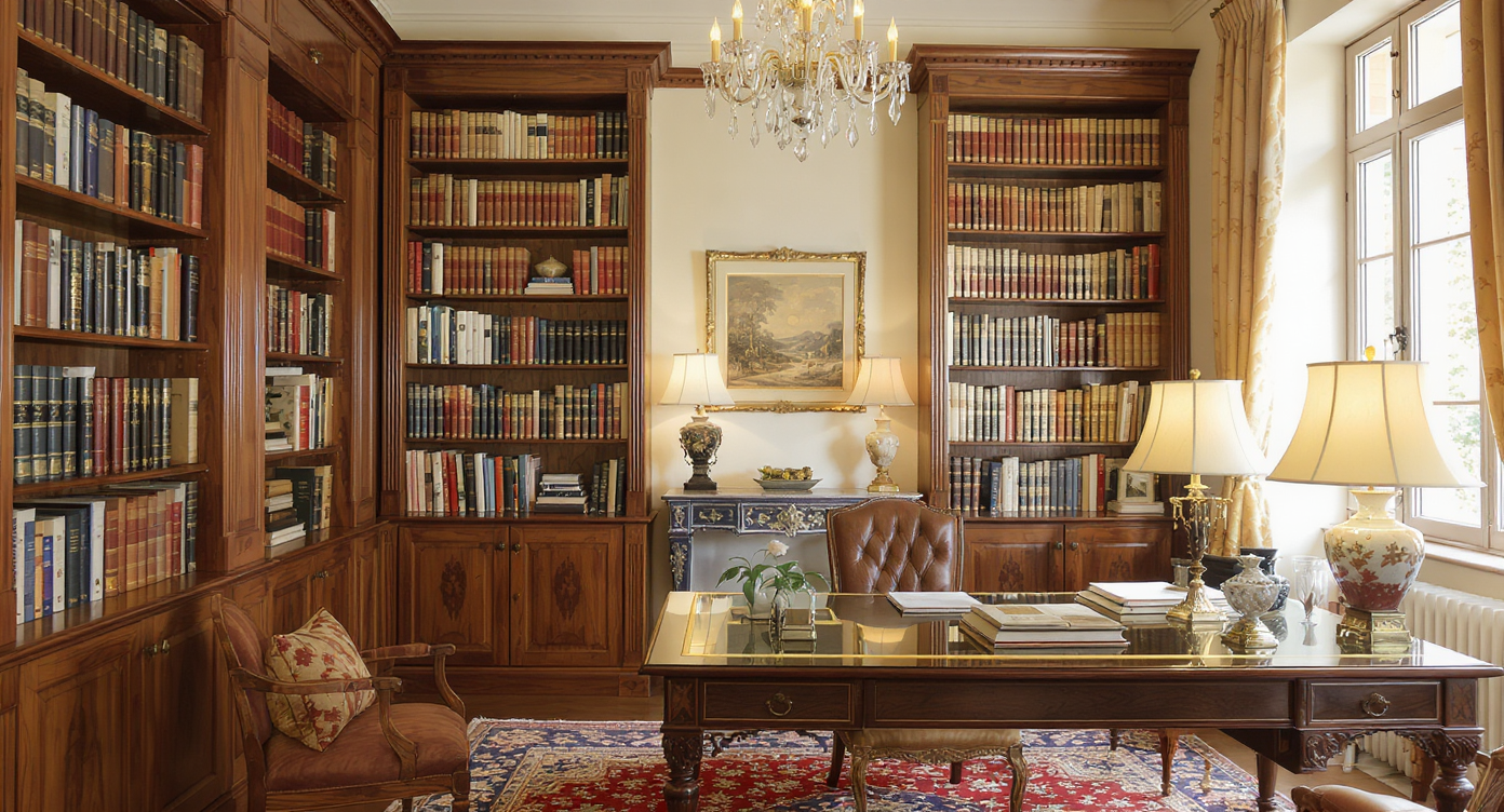 Airy study with wooden bookshelves, art books, antique decor, and sunlight illuminating a classic desk space.