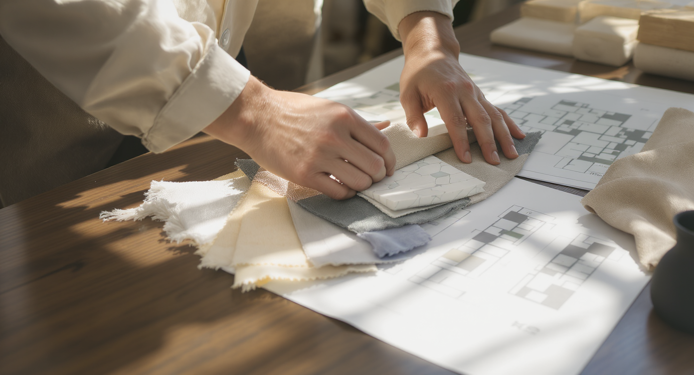 Designer arranging tactile linen, marble, and wood samples beside architectural sketches in natural daylight.