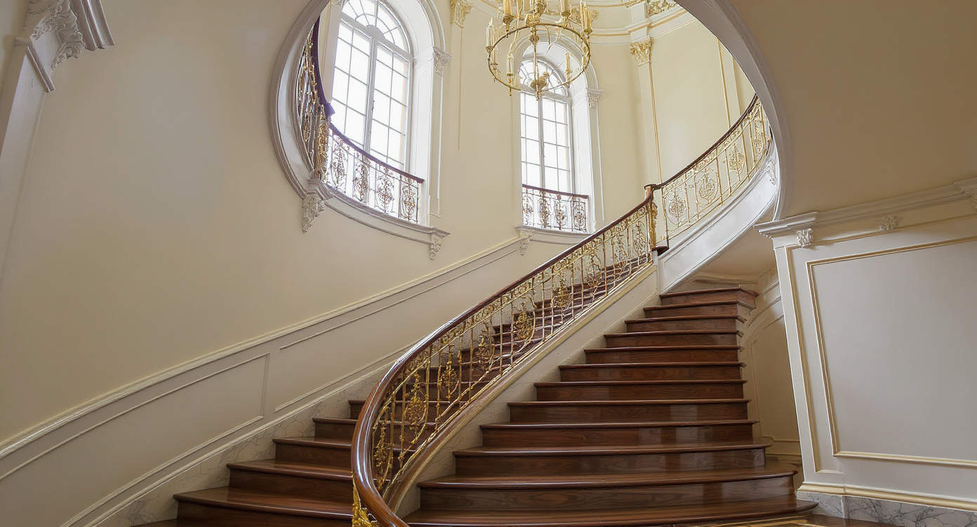 Prewar Fifth Avenue staircase with gold-leafed wrought iron railing, dark hardwood steps, and soft daylight from arched window.