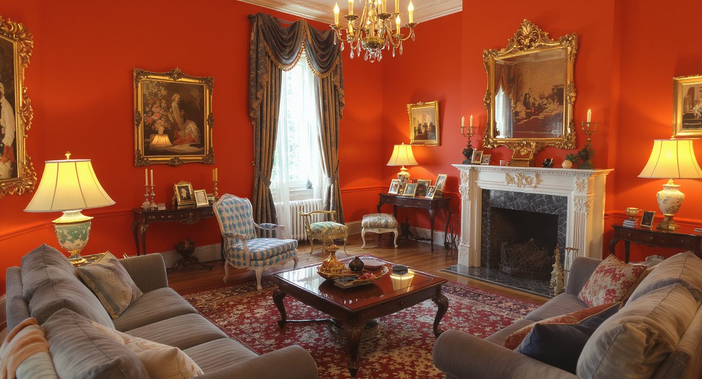 Cluttered living room with mismatched furniture, harsh lighting, and overpowering colors showing common design mistakes.